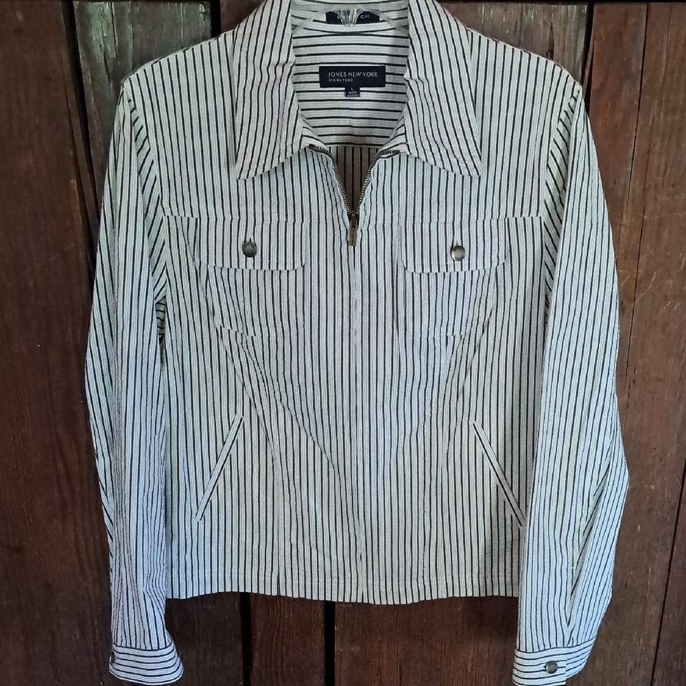 Jones NY Size L Cotton Pinstriped Casual Jacket